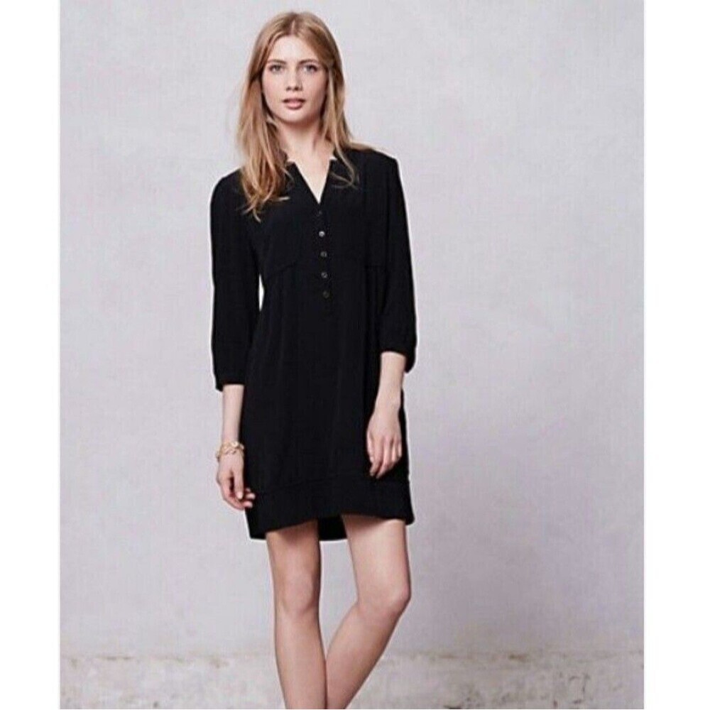 ANTHROPOLOGIE MAEVE TARYN CREPE SHIFT Dress BLACK SLEEVES 3/4 Size 6
